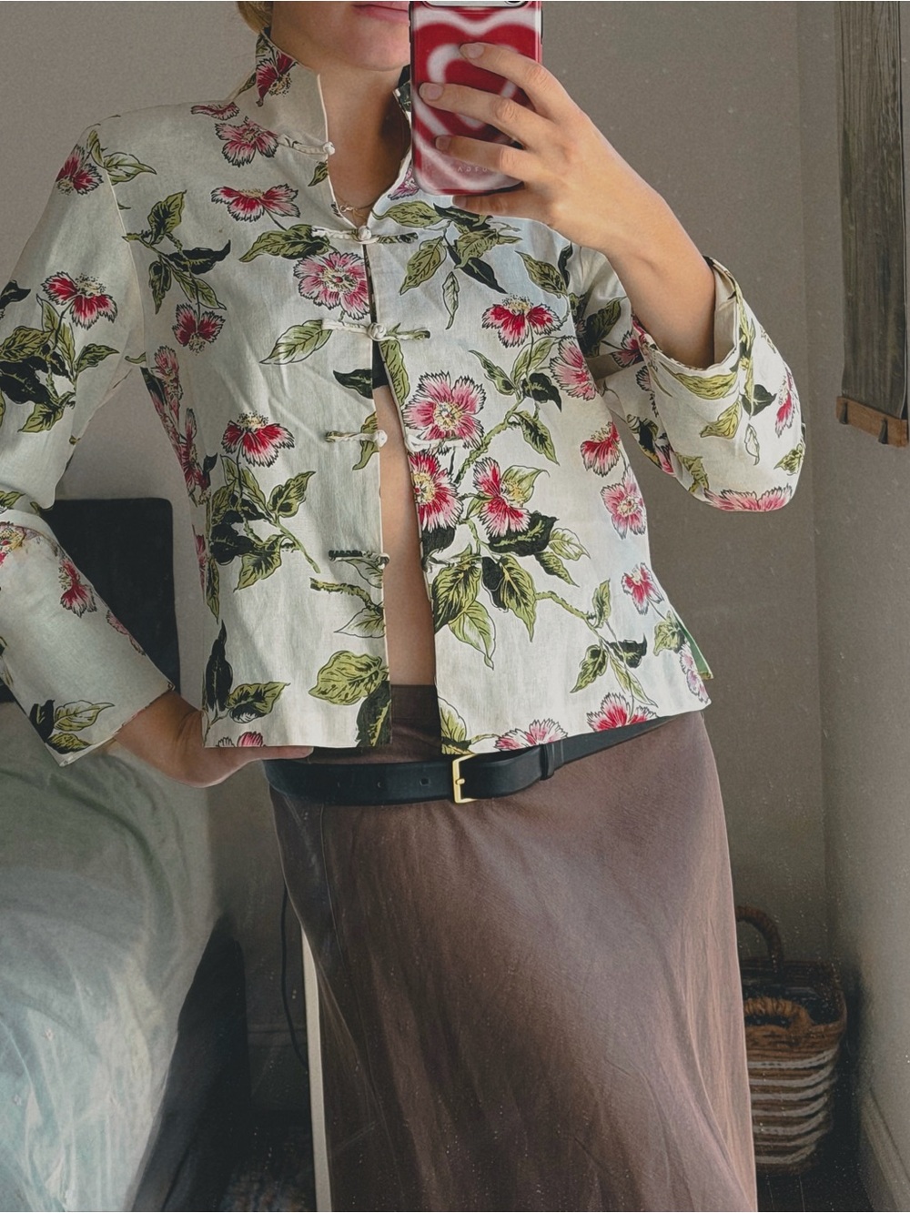 Floral Mandarin Collar Button Jacket — White with Pink & Green